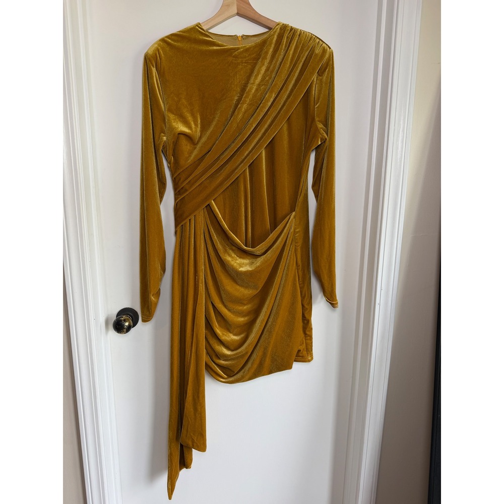 Jessakae Gold Velvet Draped Mini Dress Long Sleeve Mustard Womens 1XL NEW - Picture 2 of 11